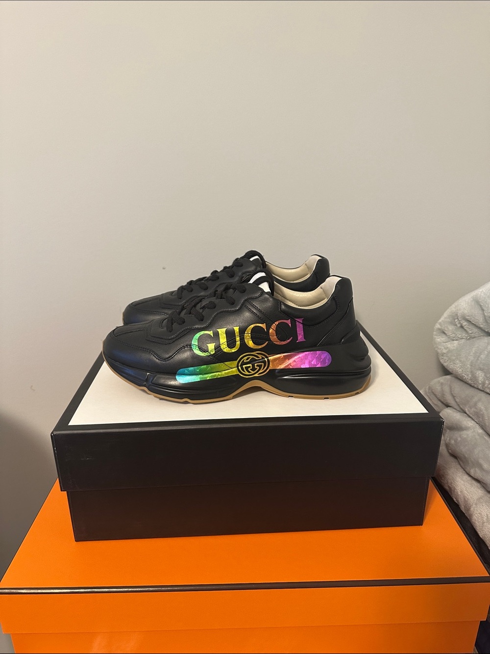 Gucci Black Leather Sneakers with Iridescent Rainbow Logo